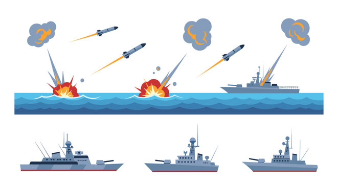 Navy warships firing guided missiles at sea with dramatic water explosions and smoke plumes in a flat design illustration.