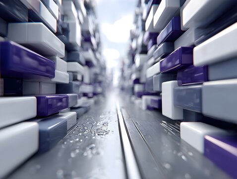 Futuristic 3D Geometric Block Corridor with White and Purple Cubes, Abstract Digital Architecture, and Modern Technology Background