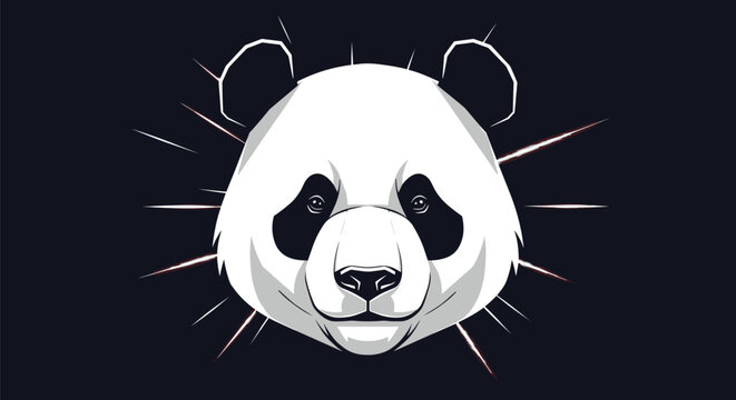 Giant panda head portrait illustration on dark background with abstract glowing rays radiating from behind the animal.