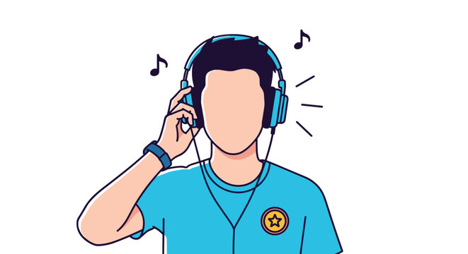 Young man wearing headphones and enjoying favorite music track with decorative musical notes on plain background.
