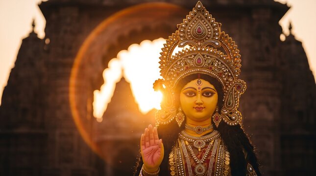 Ethereal Goddess Durga Idol Profile in Golden Sunset Backlight within Ancient Temple Archway