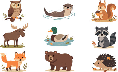 Obraz premium Cute Flat Woodland Animal Set with Owl, Otter, Squirrel, Moose, Duck, Raccoon, Fox, Bear, and Hedgehog for Nature Designs