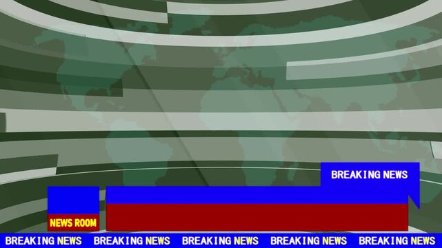 News studio. Newsroom Background for News Broadcasts. Blurred of studio at TV station news report and breaking news on world live report Template intro for TV broadcast news program green show screen.