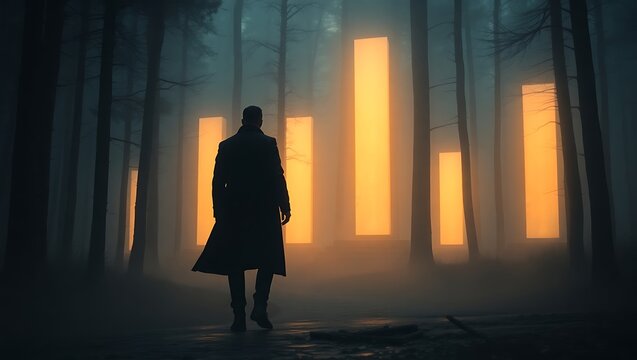 Silhouette of a man in a long coat walking through a mysterious misty forest with glowing light pillars