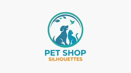 Fototapeta premium Pet Shop Logo with Dog, Cat, Bird Silhouettes and Nature Elements