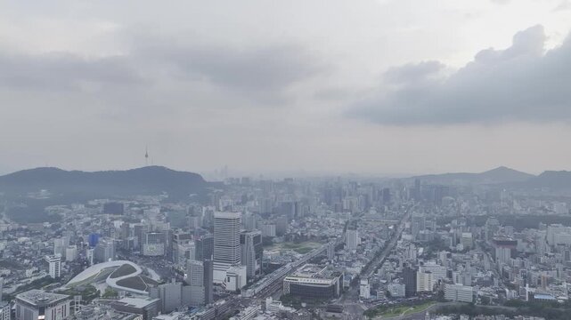 Aerial Drone View of Jongno Cityscape near Dongmyo Station and DDP Dongdaemun Design Plaza in Seoul, South Korea