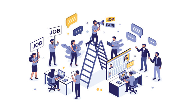Career recruitment and job fair concept featuring people looking for work, interviewing, and holding job signs.
