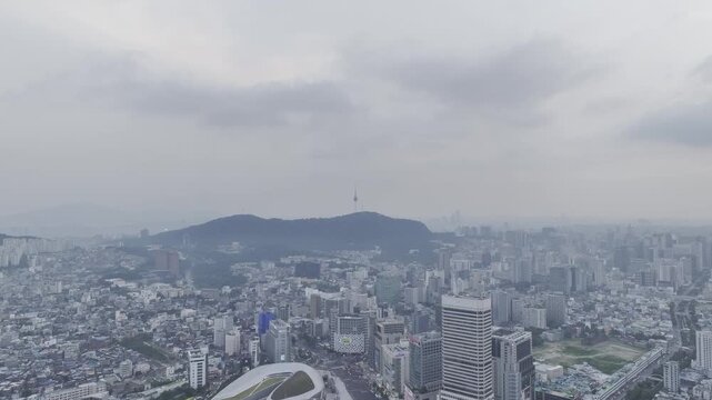 Aerial Drone View of Jongno Cityscape near Dongmyo Station and DDP Dongdaemun Design Plaza in Seoul, South Korea