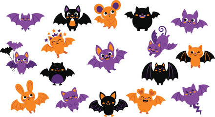 Fototapeta premium Halloween bat characters in orange purple and black