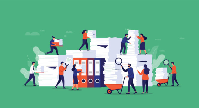 Group of tiny office workers struggling with massive piles of paperwork and files illustrating bureaucracy and administrative burden.