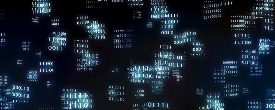abstract bright binary code blocks isolated on dark background banner, technology concept for blockchain, ai, vr, iot, tokenization, cryptocurrency mining and big data