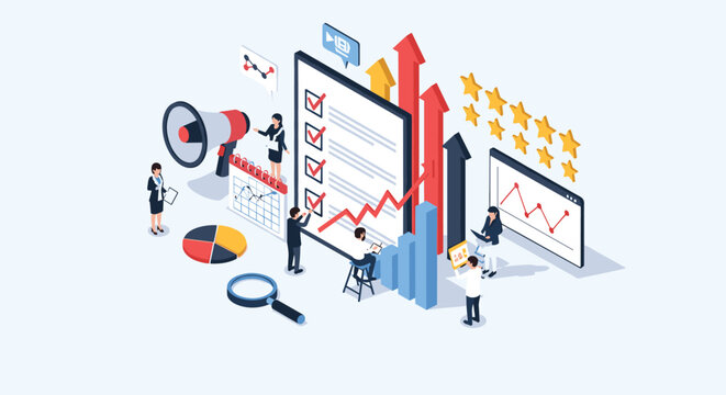 Team of professionals conducting business analysis and audit using checklist with performance charts and rating stars.