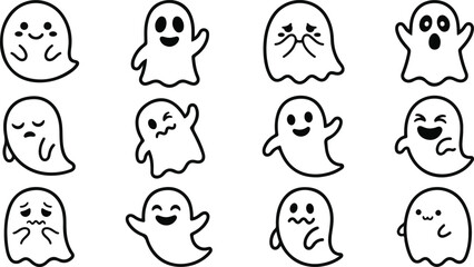 Fototapeta premium Cute ghost emoticons set black and white vector illustration