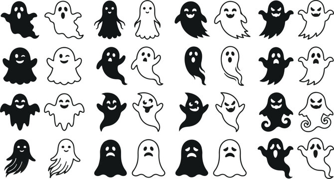 Halloween ghost collection diverse black and white vector icons for spooky designs