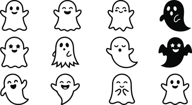 Collection of cute ghost emojis and stickers in various poses and expressions