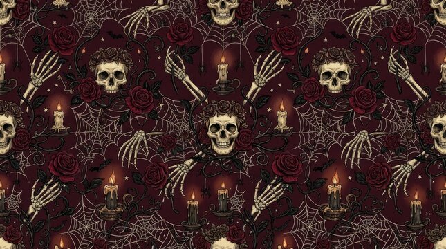 Halloween seamless pattern skulls roses skeletons candles and spooky gothic elements for textiles