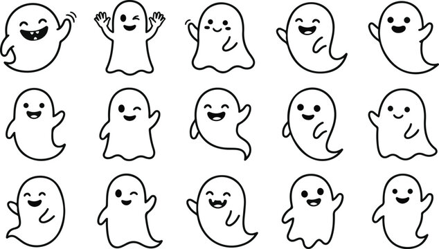 Collection of 15 unique cartoon ghost characters with various smiling expressions and gestures