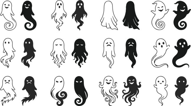 Halloween ghost icons black and white clip art set