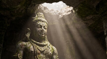 Fototapeta premium Ancient Stone Statue of Lord Shiva in Mystical Temple Cave