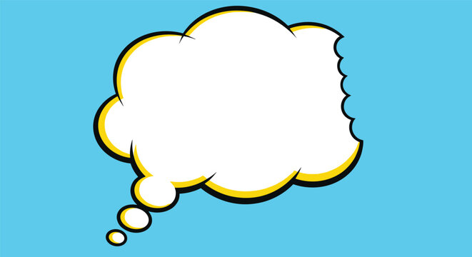 Comic style white thought cloud speech bubble with a bite mark on a solid blue background, pop art vector.