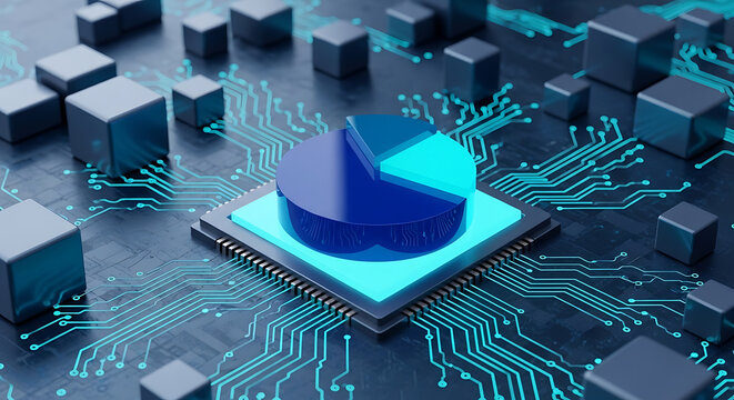 Blue pie chart graphics on computer motherboard circuitry background with technology circuitry business analytics statistics motherboard processor information computing development hardware