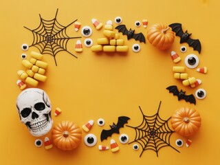 Fototapeta premium Halloween frame with skull pumpkins candy corn bats and spider webs on an orange background
