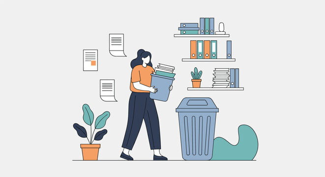 Office worker carrying a small bin full of paper documents to throw them away into a large blue recycling trash can, business clean-up.