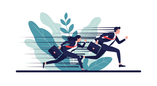 Businessman and businesswoman running fast with briefcases, striving to succeed in their career race.