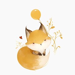 Fototapeta premium Cute cartoon fox holding yellow balloon. Small wild animal in digital sticker style. Decorative illustration for nursery poster, children greeting card and clothing print design.