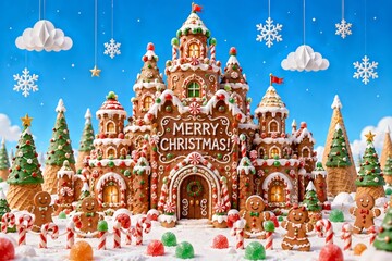 Obraz premium 2027 Christmas and New Year copy space banner featuring gingerbread castle, candy cane path, icing details, gumdrops, cookie characters and blue sky for candyland Christmas party invitation design