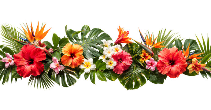 Vibrant tropical flower arrangement featuring red hibiscus and orange bird of paradise blooms on white