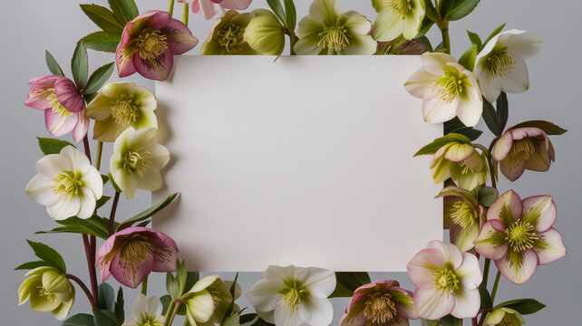 Blank paper card with a beautiful wreath of pink and green hellebore winter flowers on gray background