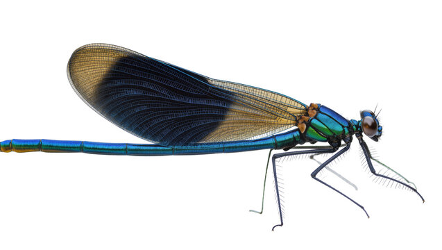 Blue-green damselfly with iridescent wings and segmented body