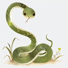 Naklejka premium Cute green snake cartoon illustration with big eyes and curled tail. Adorable reptile character for kids nursery decor, sticker design, greeting card, poster and print art project.