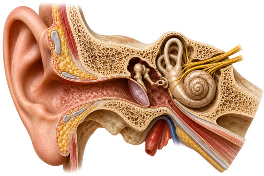 Detailed Cross Section of the Human Ear Showing Cochlea Semicircular Canals Ossicles and Auditory Anatomy