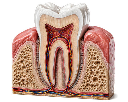 Detailed Cross Section of a Human Tooth Showing Enamel Dentin Pulp Root Canal and Periodontal Tissues