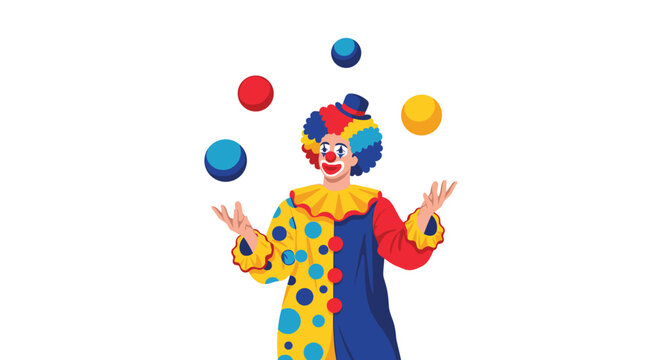 Cheerful circus clown in a colorful costume and wig juggling blue, red, and yellow balls, holiday and party mascot character.