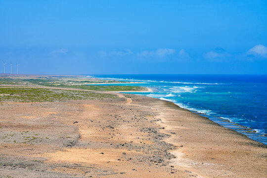 Panoramic view of rugged desert coastline and ocean from Sero Colorado in Aruba, Eastern Caribbean