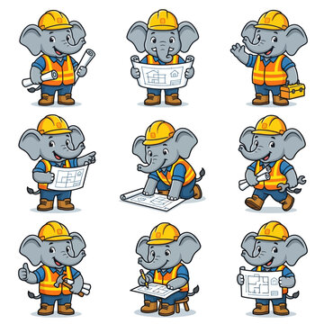 Cartoon elephant construction worker characters.