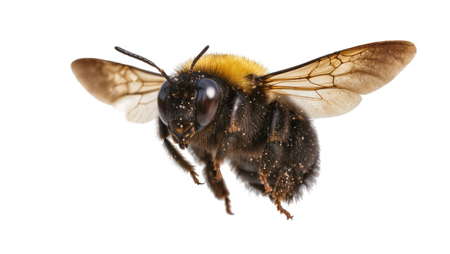 Fuzzy bumblebee with yellow thorax and dark body in flight