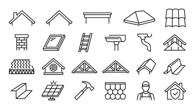 Roof Line Icon Set with House Roof Gable Flat Roof Chimney Skylight Gutter and Roofing Construction Outline Symbols