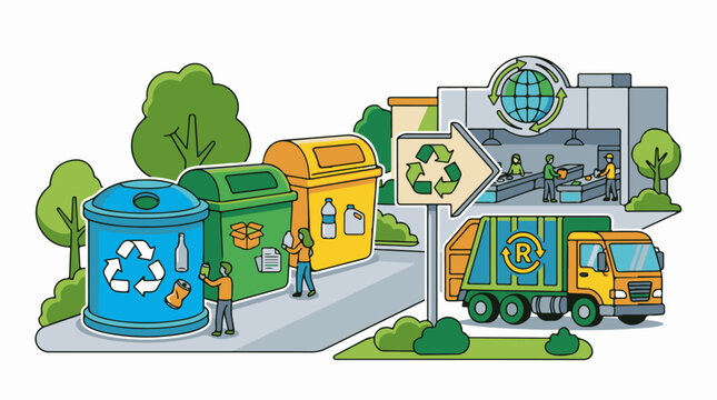 Diverse recycling bins people sorting waste and a collection truck servicing a facility