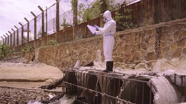 Hazmat suited environmental scientist inspecting contaminated drainage culvert
