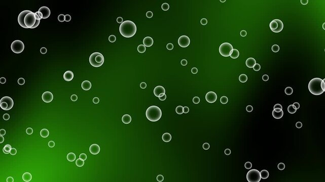Abstract bubbles floating on a green backdrop in this 4K animation video. Seamless loop of minimal white outline circles rising across a vibrant green gradient background.
