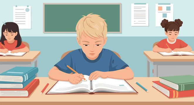 Three children focusing on writing in their notebooks while sitting at desks in a classroom with a green chalkboard.