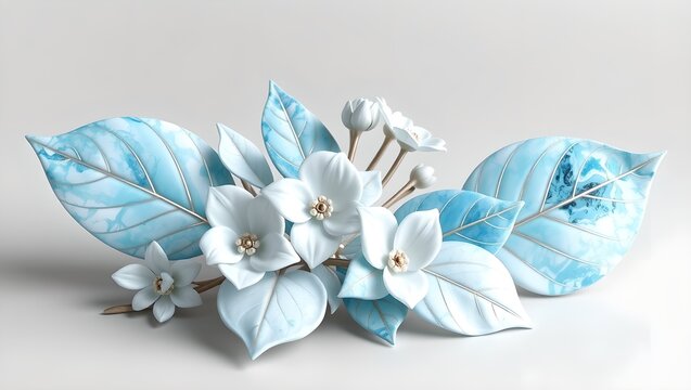 Luxury Larimar Stone Botanical Leaves with Silver Inlay Isolated on Gray Background