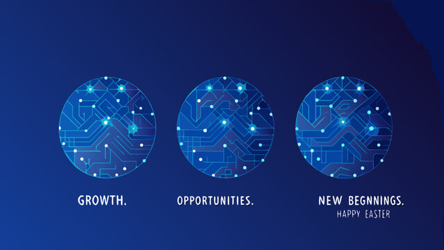 Circuit board pattern with glowing nodes a vector illustration on a dark blue background with easter text
