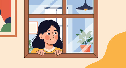 Fototapeta premium Cheerful young girl with dark hair looking out of her home window at the cozy room with a potted green plant.