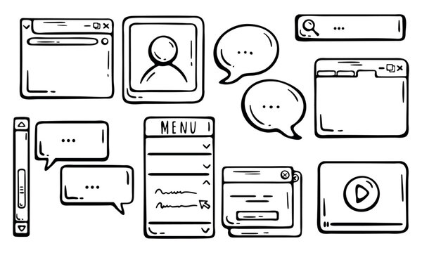 Doodle UI UX element set including browser windows, chat speech bubbles, search bar, profile avatar avatar icon, drop-down menu, scrollbar and video player. Hand drawn vector illustration
