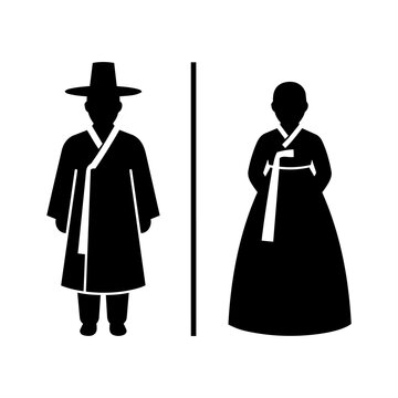 Traditional Korean restroom pictogram featuring male figure in gat hat and dopo robe, and female figure in chima jeogori hanbok. 